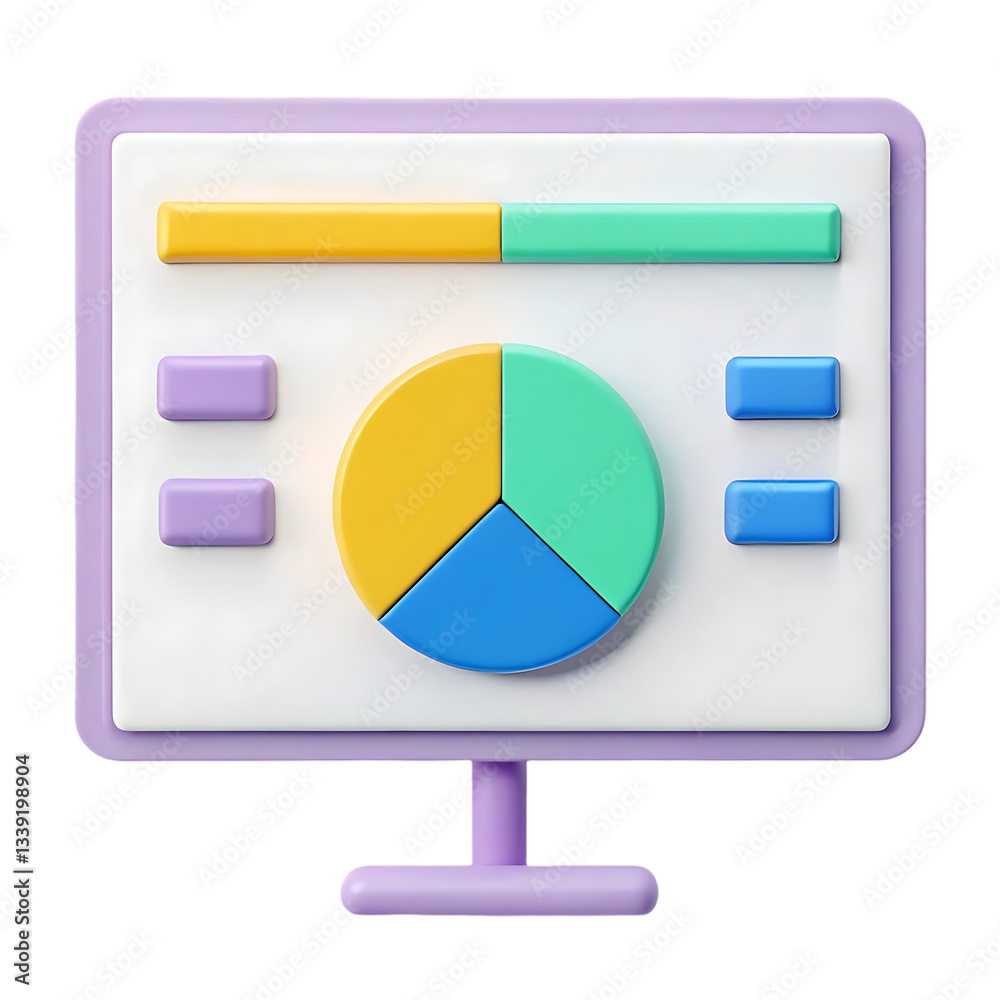 Poster 3d render of a monitor displaying a pie chart and bar graph.