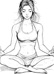 Line art drawing of a woman in lotus yoga pose, featuring a female yoga relax sketch with linear drawing, and an abstract minimal female meditation silhouette in modern illustration, showcasing a