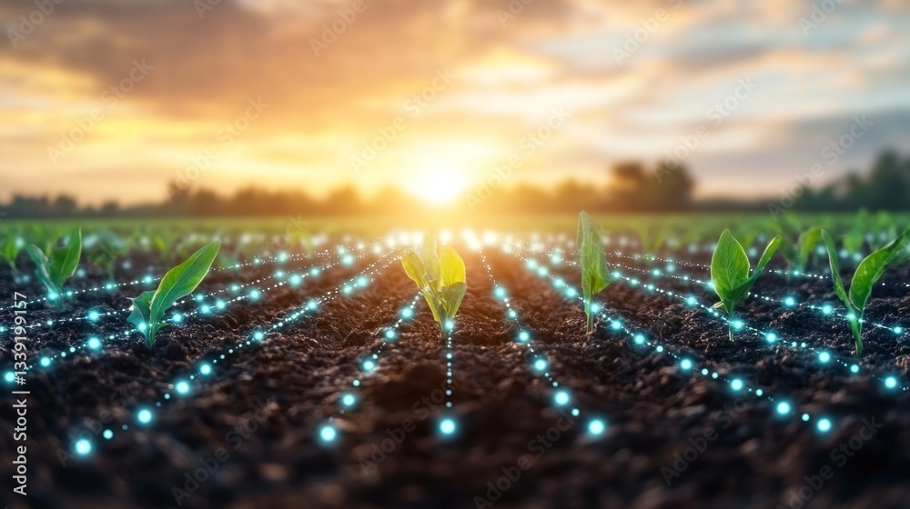 Poster in fields of young plants, bright green shoots emerge from rich soil as the sun rises. a network of 