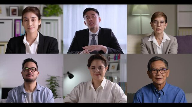 Online business video conference for internal team meeting and external meeting showing  business persons of multiple genders and ages on screen