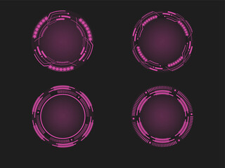 Set of technology pink round, abstract vector illustrations on black background. Game element for user interface,. Futuristic. Modern technologies. Vector