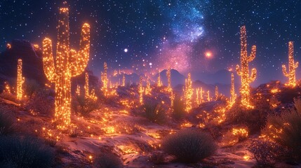 Fototapeta premium A glowing desert landscape with radiant cacti and floating sand dunes 