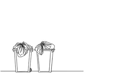 A black sketch silhouette of an overflowing trash can on a white background represents a modern illustration of the garbage problem concept in linear and minimal art
