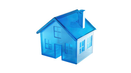  a stylized, glossy blue house with a translucent or almost glass-like appearance. It has a simple yet modern design, featuring windows, a chimney, and an open doorway on white background