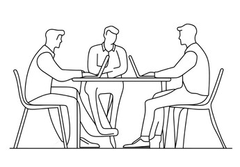 The Business Group Trendy Line Art Drawing features business people in an office setting, created with minimalistic black lines on a white background in a continuous one-line abstract style,