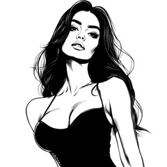Modern illustration featuring a minimalist female figure created with simple black lines in a Scandinavian design style, emphasizing a naked body as a trendy piece of line art