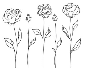A set of simple flowers and leaves is presented in a continuous line drawing style, isolated on a white background in black sketch