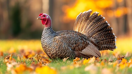 Fototapeta premium Female wild turkey displaying feathers in autumn leaves.
