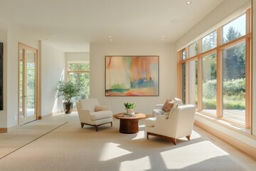 Fototapeta premium A well lit modern living room interior with art and seating