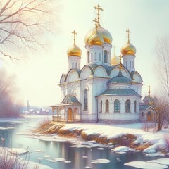 Obraz premium Elegant Orthodox Church in a Snowy Countryside
