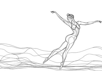 Fototapeta premium A woman ballerina is depicted in a continuous one-line drawing silhouette, accompanied by an abstract minimal outline illustration of a dancer, symbolizing a fitness concept with sport exercise