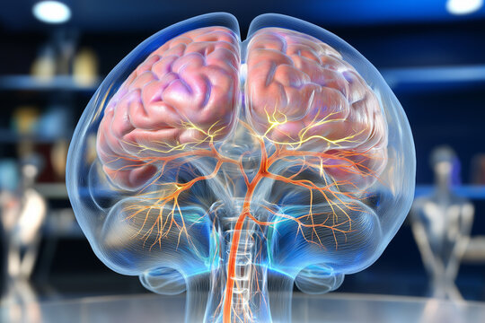 Dystonia neurological diagnosis. Movement disorder treatment. Muscle spasms therapy. Involuntary movements symptoms. 3D model of the brain highlighting affected areas and structures.