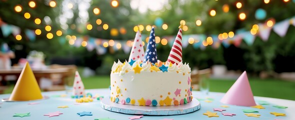 Colorful birthday cake with festive decorations at an outdoor party.