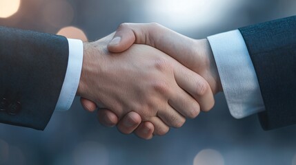Obraz premium Close-up handshake, two professional hands in business attire, emphasizing partnership and collaboration, with soft background glow.