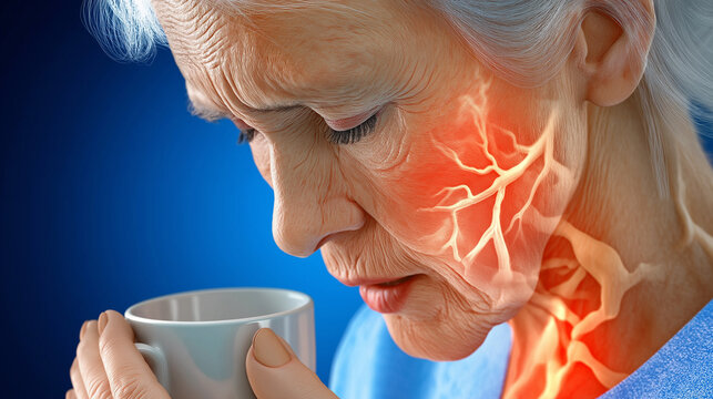Dystonia neurological diagnosis. Movement disorder treatment. Muscle spasms therapy. Involuntary movements symptoms. Elderly woman with dystonia struggling to hold a cup.
