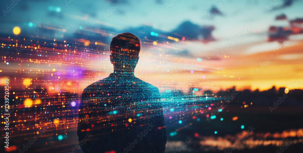 Poster a person stands in a vast field during sunset, surrounded by a blend of digital elements representin