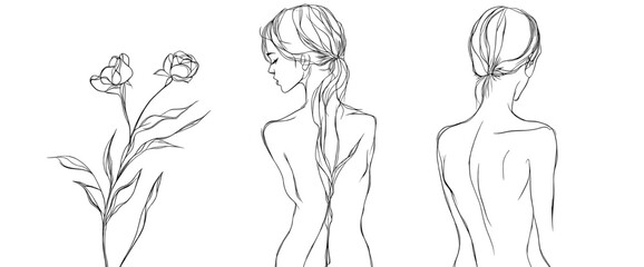 A set of prints featuring a one-line drawing of a woman surrounded by flowers, showcasing a creative and contemporary abstract style, highlighting the beauty and fashion of the female body through a