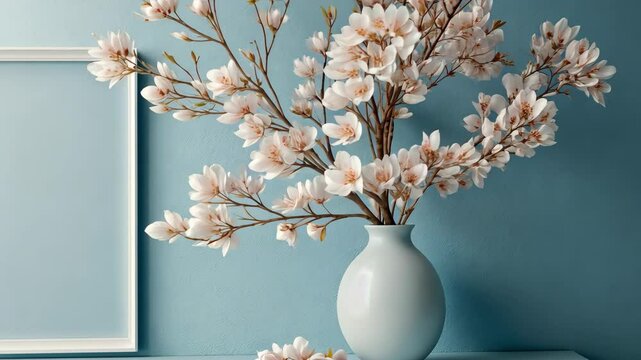Frame next to flower vase against a blue wall for decorative use, suitable for displaying announcements or art in a room, with natural light in spring