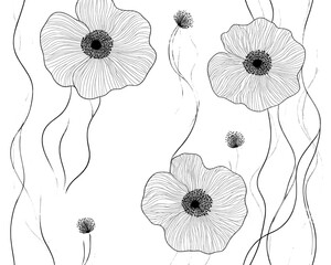 Fototapeta premium A minimalist botanical drawing featuring a continuous line sketch of flowers isolated on a white background is presented in a simple one-line illustration set