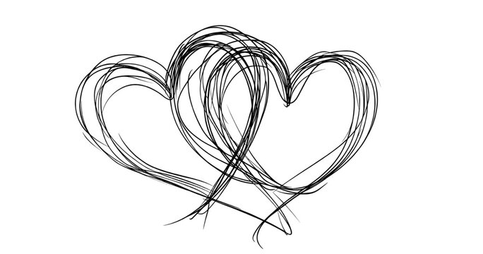 A trendy minimalist contour style drawing featuring two hearts in a continuous one line design, ideal for Valentine's Day, serving as a modern love symbol template