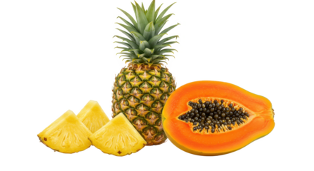 Still life of a whole pineapple, pineapple slices, and a halved papaya on a black background
