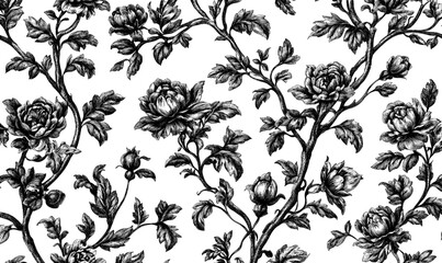 A modern grunge drawing features seamless patterns of flowers, accompanied by black abstract floral contours and ornaments, set against a white background with sketch plants