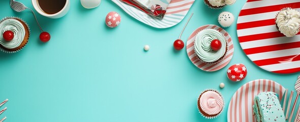 Obraz premium Colorful cupcakes and treats on a turquoise background for a festive celebration.