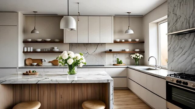 Minimalist kitchen with white cabinets, marble countertops, and fresh flowers on the island.
