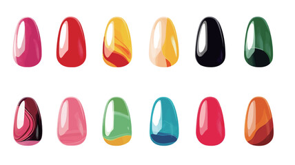 Fototapeta premium The image displays twelve oval-shaped nail polish color swatches arranged in two rows of six. Each swatch showcases a different color and some feature a marbled or swirled effect. The background is