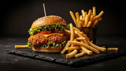 Artistic rendering of a chicken burger and crispy fries on a black surface