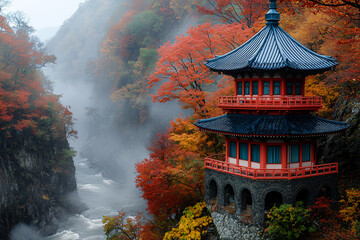 Obraz premium Traditional japanese pagoda surrounded by autumn colorful forest and misty mountain river landscape in scenic valley