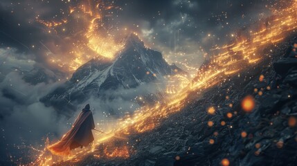 Fiery Mountain Ascent, mystical figure,  stormy backdrop