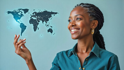 Diverse people advertisement headshot: A smiling Black woman with braided hair gestures towards a holographic projection of the world map.
