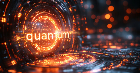 An abstract digital illustration showcases the concepts of quantum computing, featuring visual elements representing qubits, superposition, and entanglement.