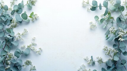 Elegant Eucalyptus and Baby's Breath Floral Border on White Background