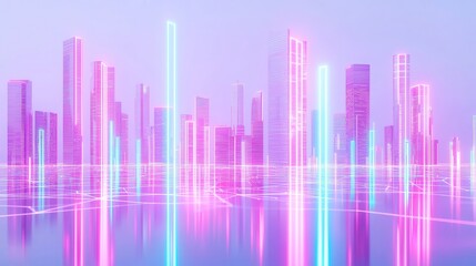 Fototapeta premium Neon Cityscape with Digital Data Streams, futuristic skyline bathed in vibrant cyan and purple, glowing connectivity lines, dynamic networks enhancing skyscrapers, immersive high-tech ambiance
