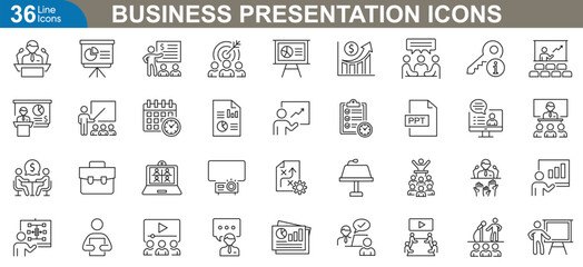 Business presentation icons set. Vector illustrations for data visualization, project management, strategic planning, performance analysis, professional reporting and more.