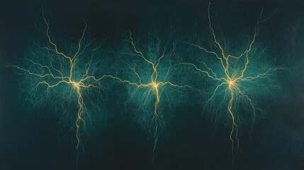 Obraz premium Electrical Symphony: An abstract visual symphony of interconnected electrical discharges, with vibrant streaks of golden light dancing against a deep teal backdrop. Evoking energy, connection.