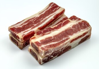 Fototapeta premium Fresh Pork Belly Cuts on White Background Ready for Cooking, Barbecue, or Grilling, High-Quality Meat for Delicious Recipes and Culinary Creations
