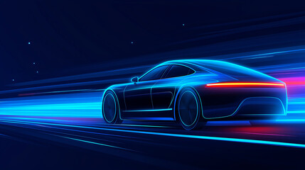 Fototapeta premium Illuminated Speed: A sleek, futuristic car races through a neon-lit night, trails of light painting a dynamic scene of speed and innovation.