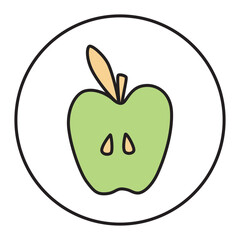 Apple half doodle icon hand drawn with thin line in minimalistic style and colored. Vector illustration isolated on white background