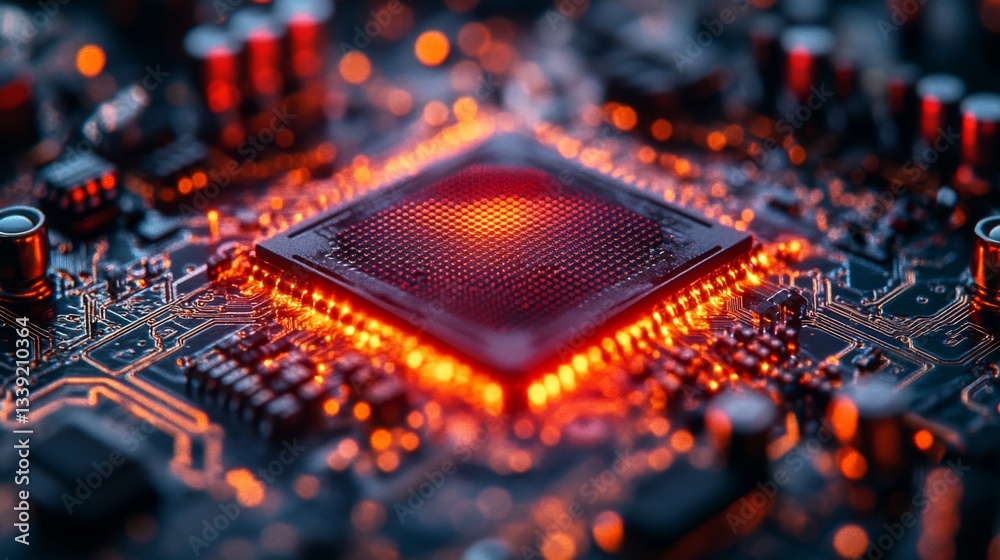 Aufkleber A quantum processor glows with vibrant orange lights amid a complex circuitry setup, showcasing the principles of superposition and entanglement in advanced computing technologies.