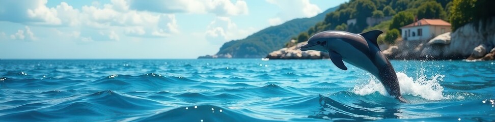 Naklejka premium Dolphin leaps from Adriatic Sea near Croatian coast , nature, wild, Mediterranean Sea