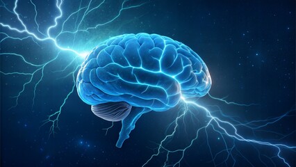 Glowing Blue Human Brain with Neural Network and Electric Energy

