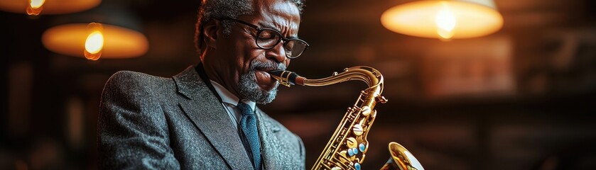 Obraz premium A musician passionately plays the saxophone in a dimly lit venue, showcasing the essence of jazz and creativity.