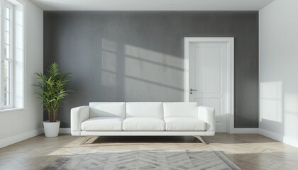 Minimalist Living Room with White Sofa, Gray Wall, and Modern Decor. Generative Ai