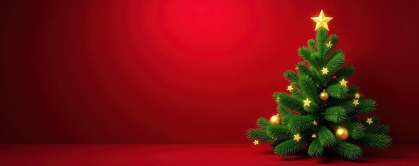 Ornate green fir tree, shimmering gold stars, rich crimson background, festive design , christmas tree, graphic, winter holiday