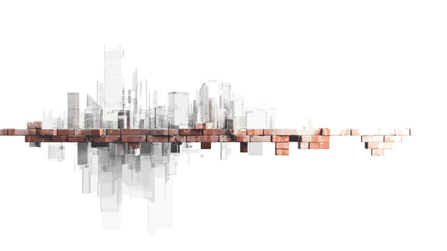 The image presents an abstract horizontal composition depicting a cityscape skyline.  The skyline is rendered in varying shades of gray and muted orange-brown, suggesting buildings and structures