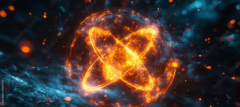 Fototapete This dynamic visual showcases key elements of quantum computing, including qbits, superposition, and entanglement in an abstract setting filled with vibrant particles.