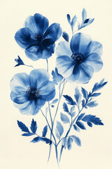 Blue Floral Elegance: A stunning artistic depiction of blue flowers in full bloom, the petals delicately painted with intricate detail. A celebration of beauty and the art of nature.